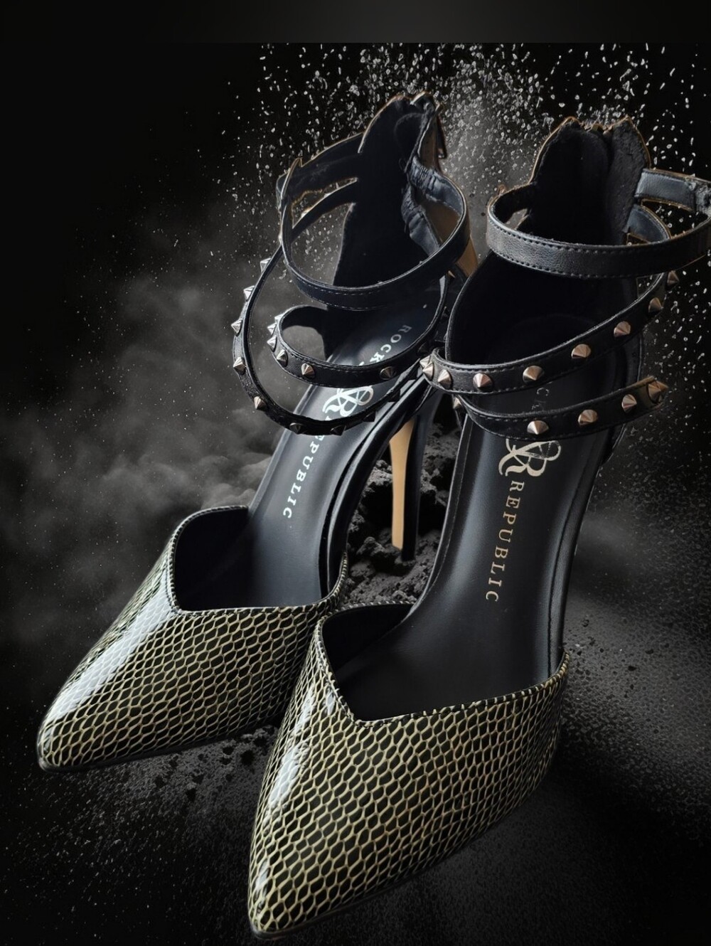 Rock & Republic Black and Silver Snakeskin Pointed Toe Studded Ankle-Strap Heels